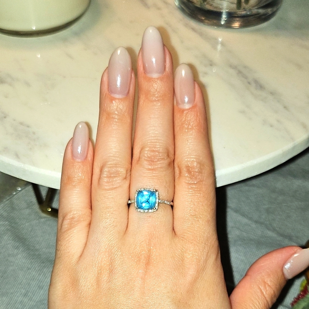 Elegant Blue Topaz & Diamond 14k White Gold Ring